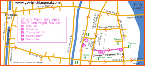 LGBTQ Gay map of Chiang Mai Night bazaar are with LGBTQ+ friendly venues