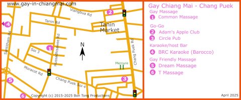 Gay Map showing LGBTQ+ friendly bars and massage in Chang Puek district of Chiang Mai